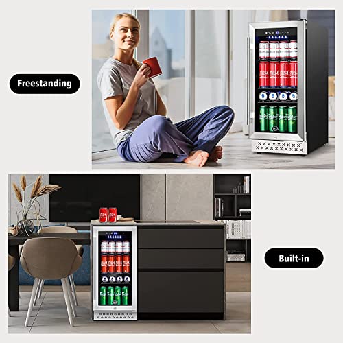 Image of Tylza 15 Inch Beverage Refrigerator, 130 Cans Quiet Beverage Fridge, 15'' Beverage Cooler Under Counter with Glass Door and Lock for Built-in or Freestanding With Temperature Memory Function TYBC100