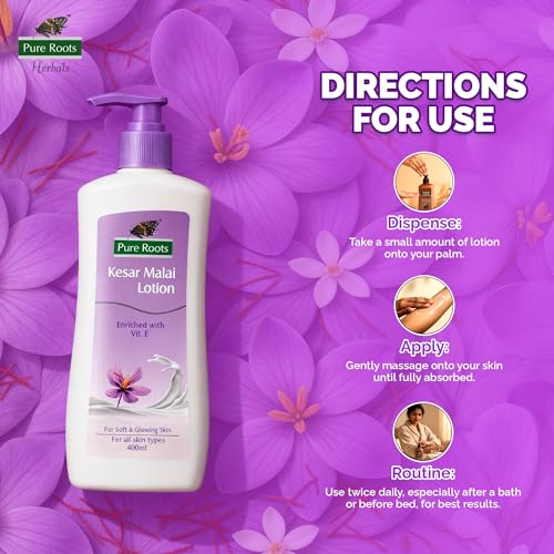 Image of Pure Roots Kesar Malai Body Lotion 400ml (Pack of 2) | Nourishing & Hydrating Moisturizer for Men & Women | Fast Absorbing, Non-Sticky Lotion for All Skin Types