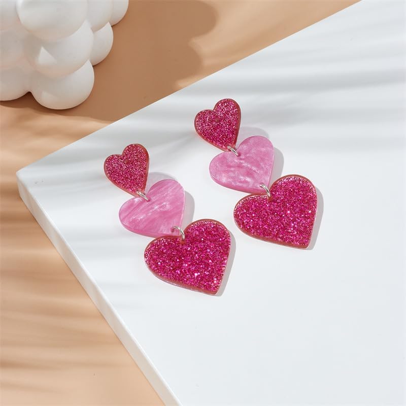 Simple Cute Pink Earrings Dangle for Women, Unique Lightweight Geometric Resin Three Pink Heart Dangle Drop Earrings Jewelry - Image 5