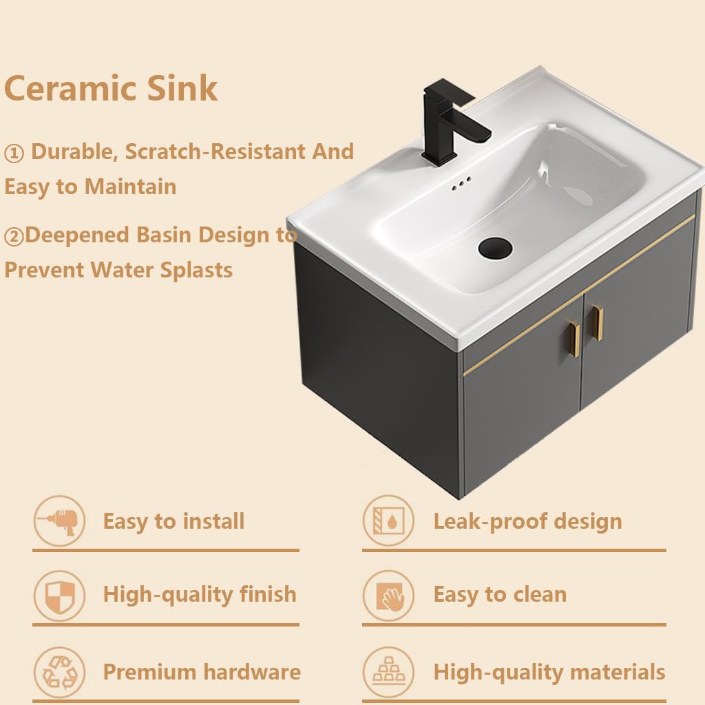 ARTLINE 24" Bathroom Vanity with Sink, Wall Mounted Bathroom Sink Cabinet Set with Drawers Storage Cabinet & Gold Handle, Floating Vanity for Bathroom, Easy to Assembly, Gray