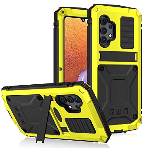 Compatible with Samsung Galaxy A32 5G Phone case, Military Heavy Duty Metal Cover Shockproof Dustproof Scratch Proof Full Body Case with Built in Tempered Glass Screen Protector (Yellow)