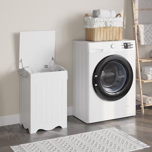 Costoffs Laundry Bin Basket, Wooden Bathroom Organizer Hamper with Lid for Bathroom Laundry Room, White, 40 x 40 x 61cm - Image 2