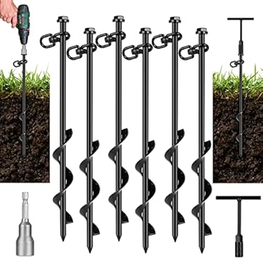 AMAZON - FAURIMMER 6 Pack Ground Anchor Heavy Duty Earth Anchors with T Handle Hex Wrench & Power Nut Driver, Metal Stakes Ground Anchors Screw in for Swing, Trampoline, Tents, Securing Animals