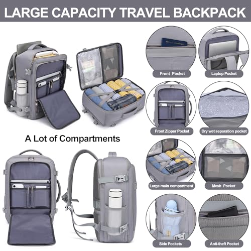 Image of EZUOLA Personal Item Travel Backpack for Men Women,Carry On Backpack with Shoe Pouch, TSA 15.6inch Laptop Mochila Flight Approved,College Teacher Bag Casual Daypack for Hiking Outdoor Weekend,Grey
