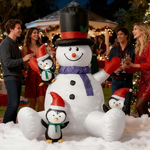 Bonhomme de neige gonflable Noël magique avec ses trois pingouins lumineux