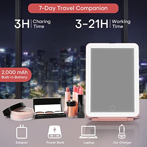 Tkaufen Travel Size Led Mirror, 21Hours Battery Life, 5X/3X/1X Magnifying Compact Hand Held Portable Foldable Makeup Cosmetic Mirror (Rose Gold, 2 Fold) #TOP1