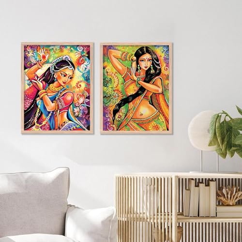 Image of kotart Premium Modern Folk Art Wall Art Set of 2 | Vibrant Indian Dancing Woman Painting | MDF Wooden Framed Home Decor (Art 9, 13x17 inch)