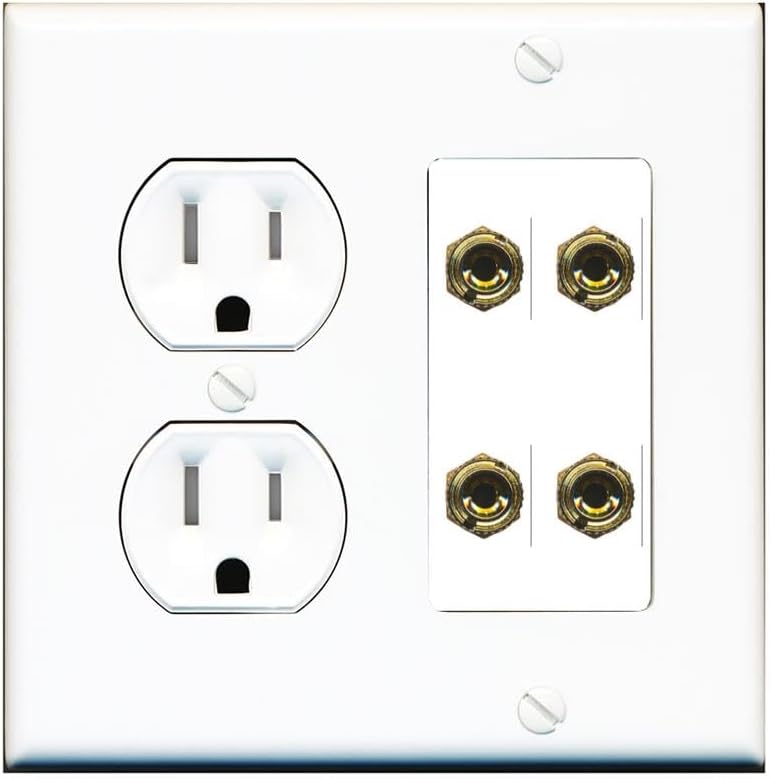 RiteAV 4 Banana 2 Speaker Surround Female Coupler Binding Post Wall Plate - Tamper-Resistant Outlet [Red/White]