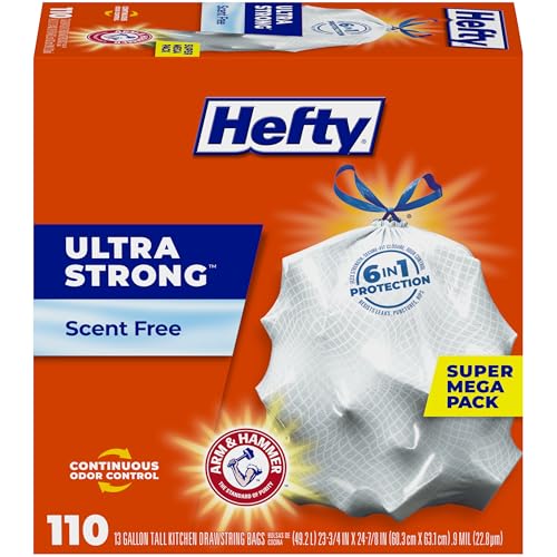 Hefty Ultra Strong 13 Gallon Trash Bags, Tall Kitchen Trash Bags 13 Gallon Size, Drawstring Closure, Continuous Odor Control, White, Unscented, 110 Bags