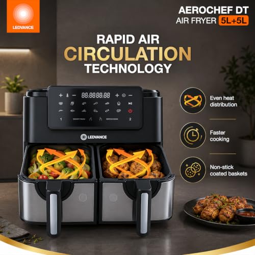 Image of Ledvance Air Fryer | 5L+5L Dual Basket | 2400W | Digital Display & Touch Control Panel | Non Stick Coating | 360Rapid Air Circulation | 85% Less Oil Usage | 12 Preset Menus | 2 Yr Warranty