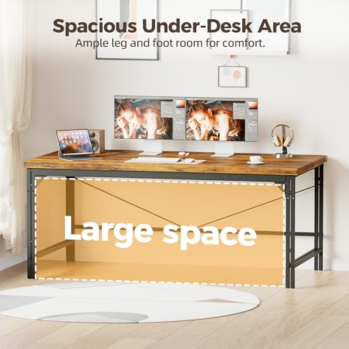 Image of Mericonia 40 Inch Computer Desk, 1 inch Thick Small Office Table, Brown | Modern Simple Style, Heavy Duty Industrial Frame, Small Study & Writing Table for Home Bedroom Work