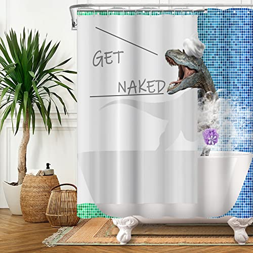 SDOTPMT 180x210cm Get Naked Shower Curtain Funny Dinosaur Animal Showering Bath Curtain Blue Geometric Checked Splicing White Bathtub Curtain for Kids Boy Bathroom with Hooks - Image 3