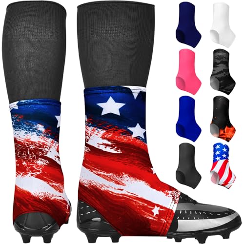 Exxact Sports Spats Football Cleat Covers - Keep Your Laces Tied and Cleats Clean, Football Spats for Cleats, Perfect for Baseball, Soccer, Lacrosse, Hockey (USA Flag Brushy, X-Large)