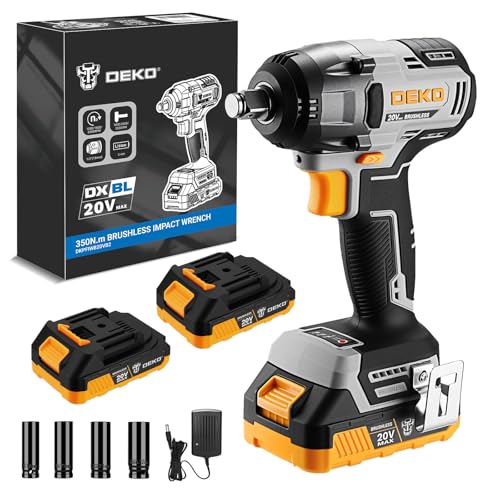 DEKOPRO Cordless Impact Wrench 1/2 Inch 350N.m 20V Brushless Impact Gun with 2x2.0Ah Batteries, 3-Speed Impact Driver for Automotive Repair,Tire Change,Construction & DIY Projects