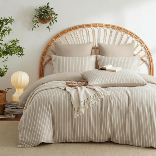 Image of Nayoroom Brown Striped Duvet Cover Queen Reversible Taupe Bedding Set