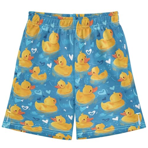 Boys Athletic Shorts with Pockets Yellow Duck Drawn Running Basketball Shorts for Youth Elastic Waist Size 7-8