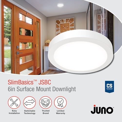 Image of Juno Slim Basics 6 Inch LED Ceiling Light, Low Profile Surface Mount Downlight for Shower or Closet Lighting, 3000K /4000K /5000K Selectable White Light, Edged Trim, Wet Rated, Matte White