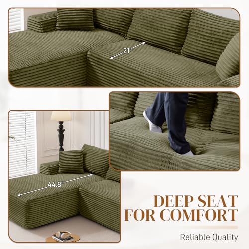Image of 95 inch L Shaped Boneless Sectional Couches, Wide Armrest, Deep Seat, Memory Foam, Assembly Free, Modern Comfy Corduroy Fluffy Cloud Sofa with Left Chaise for Living Room, Small Spaces, Green