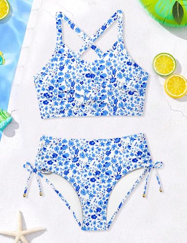 Image of Teen Girls Swimsuits V-Neck Bikini Set Bathing Suits Cross Straps Two Piece Swimwear with Drawstring