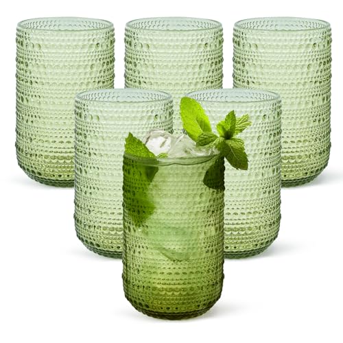 El Mejor Listado de Vasos de agua y de whisky - los preferidos. 50 CHLJAR - Juego de 6 vasos para beber, 14 onzas, juego de cristalería clásico, vaso de agua verde en relieve para cerveza, jugo, cóctel, whisky, leche, verde