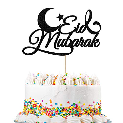 EDSG Eid Mubarak Glitter Cake Topper Ramadan Islam Party Decoration Hajj Double Sided Glitter Card Black