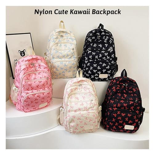 Coquette Bow Backpack For Girls,Nylon Cute Kawaii Backpack with Bows,Preppy Backpacks For Girls,Large Capacity 3Pcs (Rose Red)2