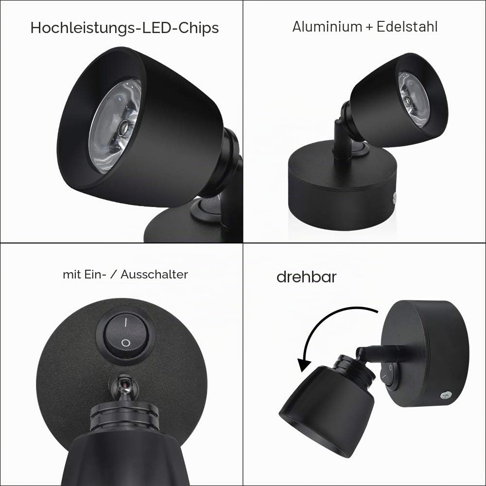 Luxvista LED-Leselampe, 12 V, 3 W, Schwarz, Innenwandleuchte, mit Schalter, 180 °, flexible Beleuchtung für Boot, Auto, Wohnwagen, Wohnmobil, Yacht, Van (warmweiß)