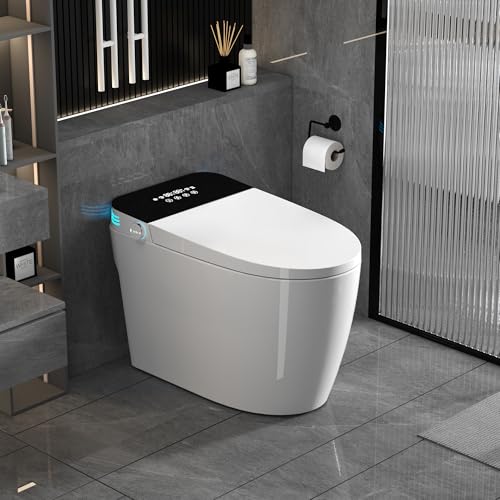 Inodoro inteligente con asiento bidé calefactable, tapa automática, cerámica blanca, agua tibia instantánea, secador, control remoto, pantalla LED, luz nocturna y múltiples modos de descarga miniatura 3