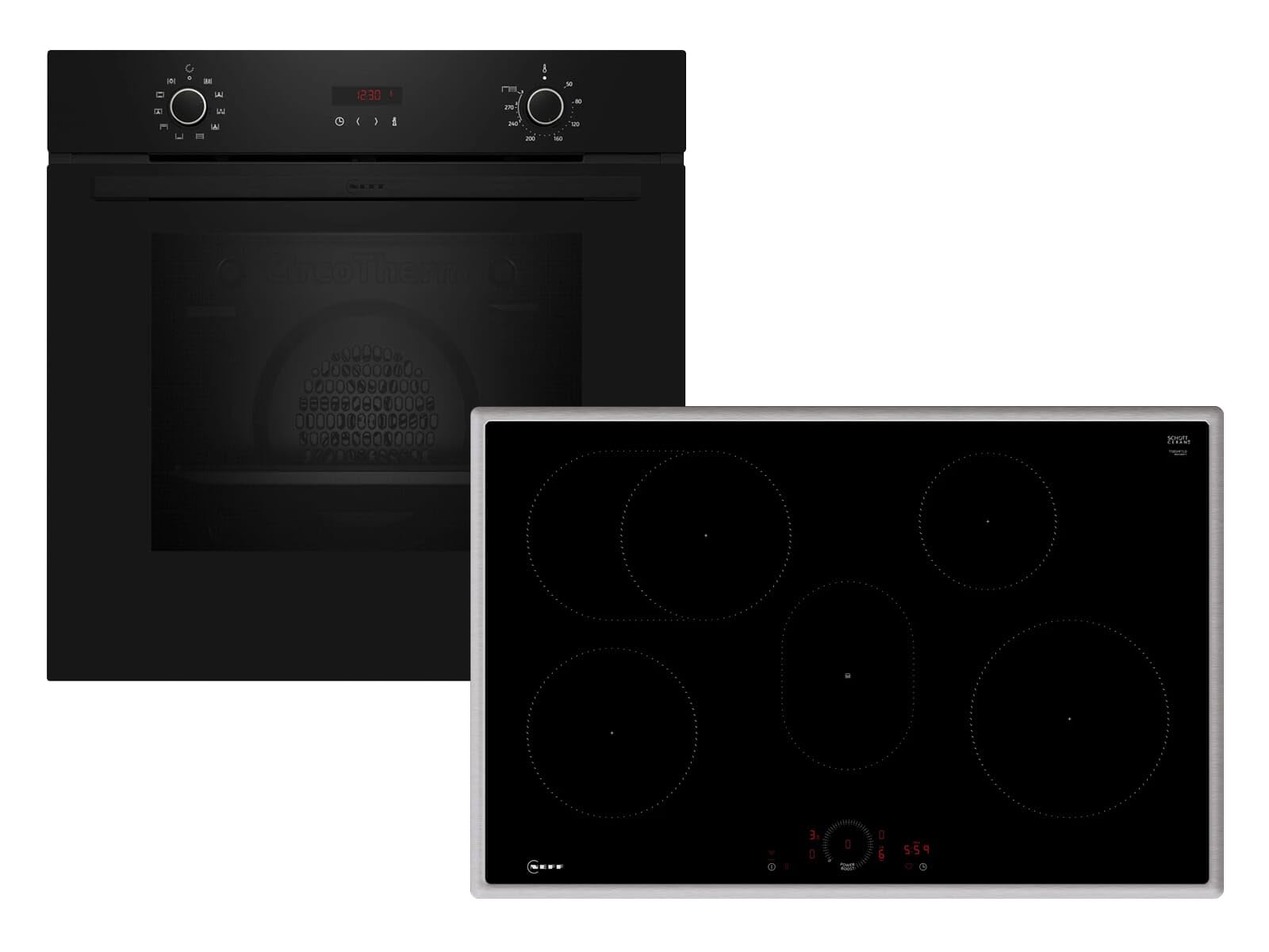 NEFF BX48PIB0 zestaw kuchenek, składający się z kuchenki B2CCG6AK3, 60 x 60 cm, samoczyszcząca piroliza, płyta indukcyjna CircoTherm & T58SHF1L0, 80 cm, strefa pieczenia, poziom mocy, Twist Touch,