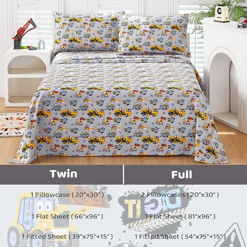 Image of Viviland 3 Pieces Boys Grey Truck Twin Sheet Set - Soft Microfiber Fitted Flat Sheets & Pillowcase Bed Sheet Set - Heavy Duty Vehicle Print Bedding Sets for Kids