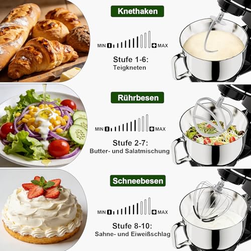 Camic Küchenmaschine - 2000W - 10 Geschwindigkeitsstufen mit Tragegriff, Edelstahl Rührschüssel (7L), Knetmaschine mit Rührhaken, Knethaken, Schlagbesen und Spritzschutz