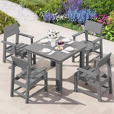 SERWALL HDPE Outdoor Dining Set, Patio Table and Chairs Set All Weather Patio Dining Set for 4, 5-Piece Patio Dining Furniture for Deck, Garden, Backyard, Gray