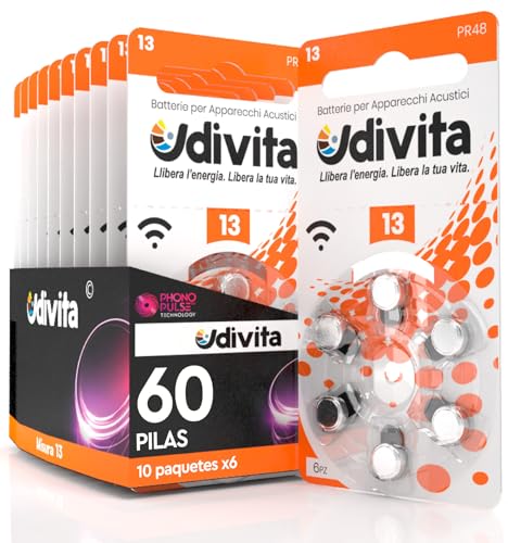 60 Pilas para Audífonos Udivita Tamaño 13 Tecnología Phono Pulse   10 Blísteres de 6 Pilas