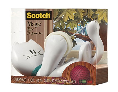 Scotch Cat Tape Dispenser with 1 Roll of Scotch Magic Tape - Holds Rolls up to 19 mm Wide x 8.89 m Long - Cute Stationery Sets and Cute Gifts - White