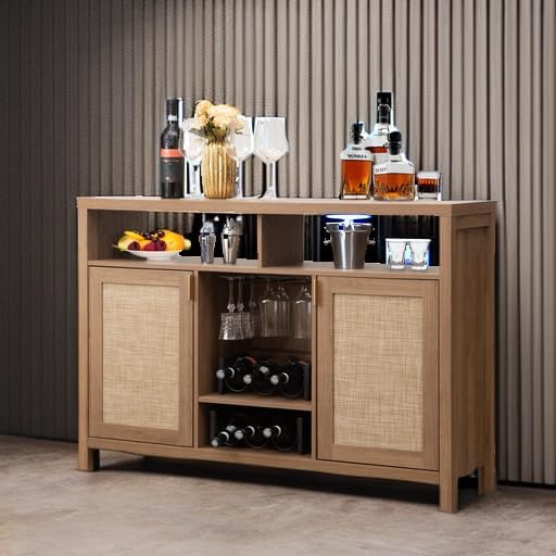 SICOTAS Coffee Bar Cabinet, 51" Rattan Sideboard Buffet Cabinet with Storage, Boho Farmhouse Liquor Cabinet with Wine Racks Credenza Console Table for Home Living Dining Room Entryway, Natural Reclaimed Caramel Oak 1 Piece
