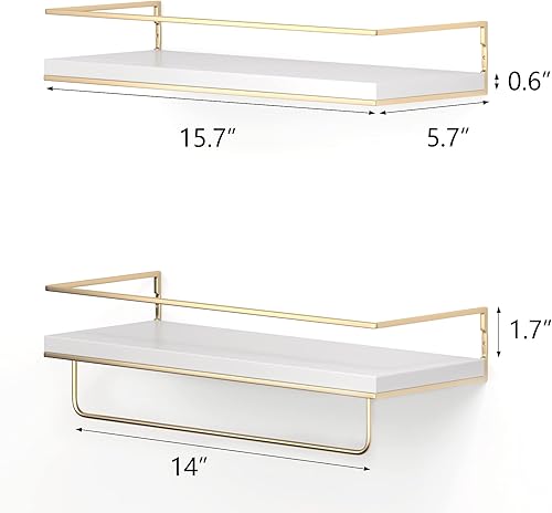 Miniatura 3 de Shario Estantes flotantes blancos, juego de 2, estantes colgantes para montar en la pared con toallero dorado, estantes de almacenamiento