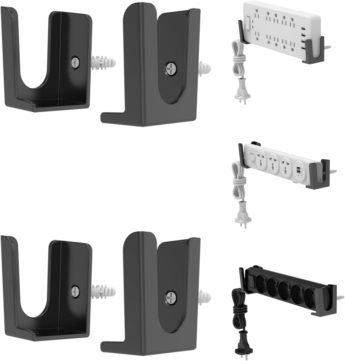 Power Strip Holder, 2 Set Power Strip Wall Mount, Punch Free Socket Holder Fit for Under Desk, Bedside and More, Fixed by Adhesive or Screw (Black)