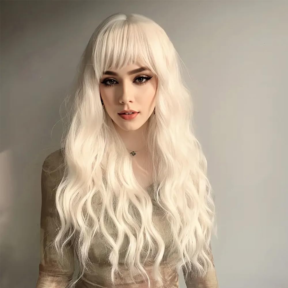 QD-Tizer Blonde Wig With Bangs Platinum 613 Blonde wigs For Women Long Wavy Curly Blonde Wig for Women Pre Plucked Natural Hair Heat Resistant Fiber Wig for Girl Colorful Cosplay Wigs - Image 6