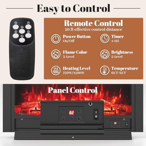 Image of Giantex 33 inch Electric Fireplace Insert, Wall Recessed /Mounted, Freestanding Fireplace with Remote Control, 3 Color Adjustable Flames, 2 Modes Heat, 8H Timer, 5 Brightness, 750 /1500W Heater