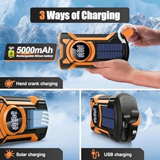 Rechargeable Portable Radio Dynamo avec Lampe de Poche LED, Power Bank 5000mAh AM/FM Radio Manivelle Solaire, SOS Alarm/Lampe Poch/3W Haut-parleurs, Outdoor, Emergency