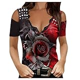 Schulterfrei Tshirt Damen Oberteile Basic T-Shirt Sommer Kurzarm Sexy V-Ausschnitt Tunika Shirts Elegant Blusenshirt Sportshirt Stretch Bluse Tee Tops Spitze Bequemes Streetwear