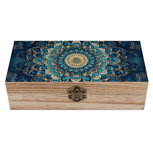 DOHTDGT Peacock Mandala Natural Wooden Storage Box with Hinged Lid - Vintage Decorative Wood Keepsake Box for Jewelry, Photos & Trinkets - Rustic Small Gift Box Organizer (7.9" X 3.9")