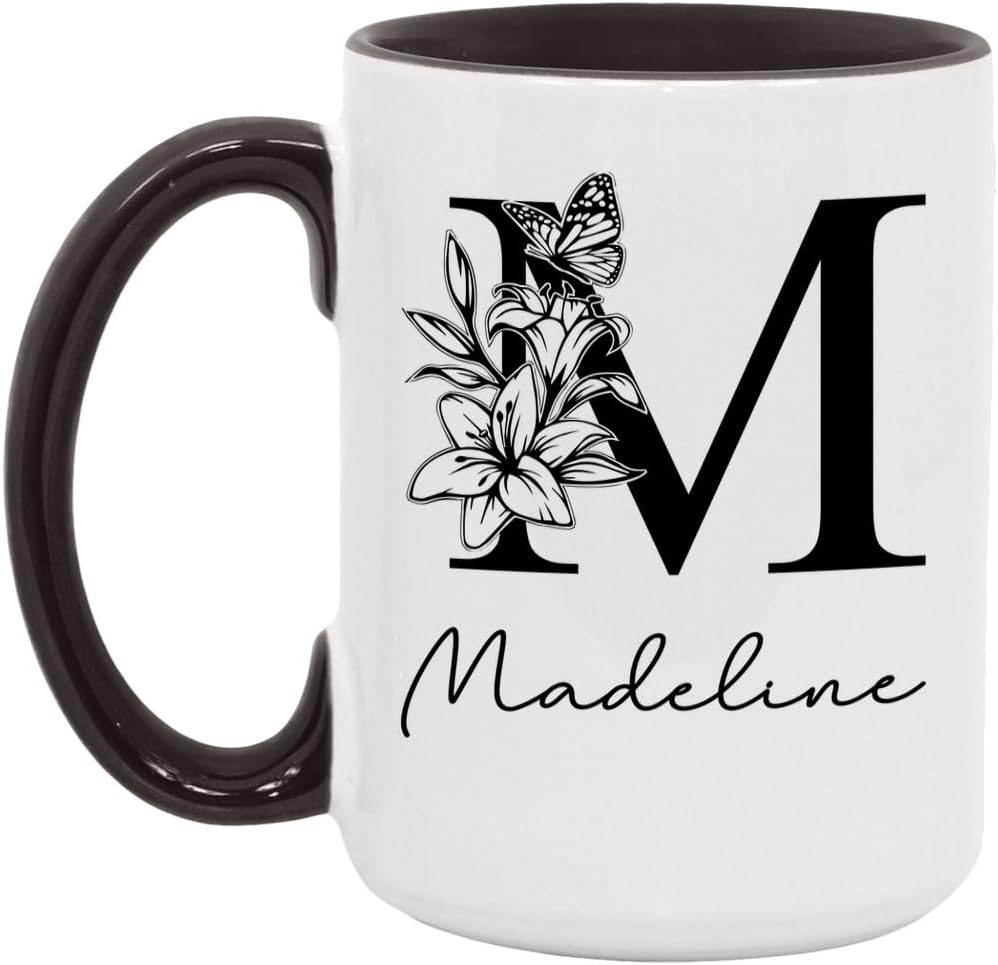 Madeline Personalized Name Mug, Custom Monogram Initial M Coffee Mug For Women, Floral Alphabet Letter White/Black 15oz Ceramic Tea Cup