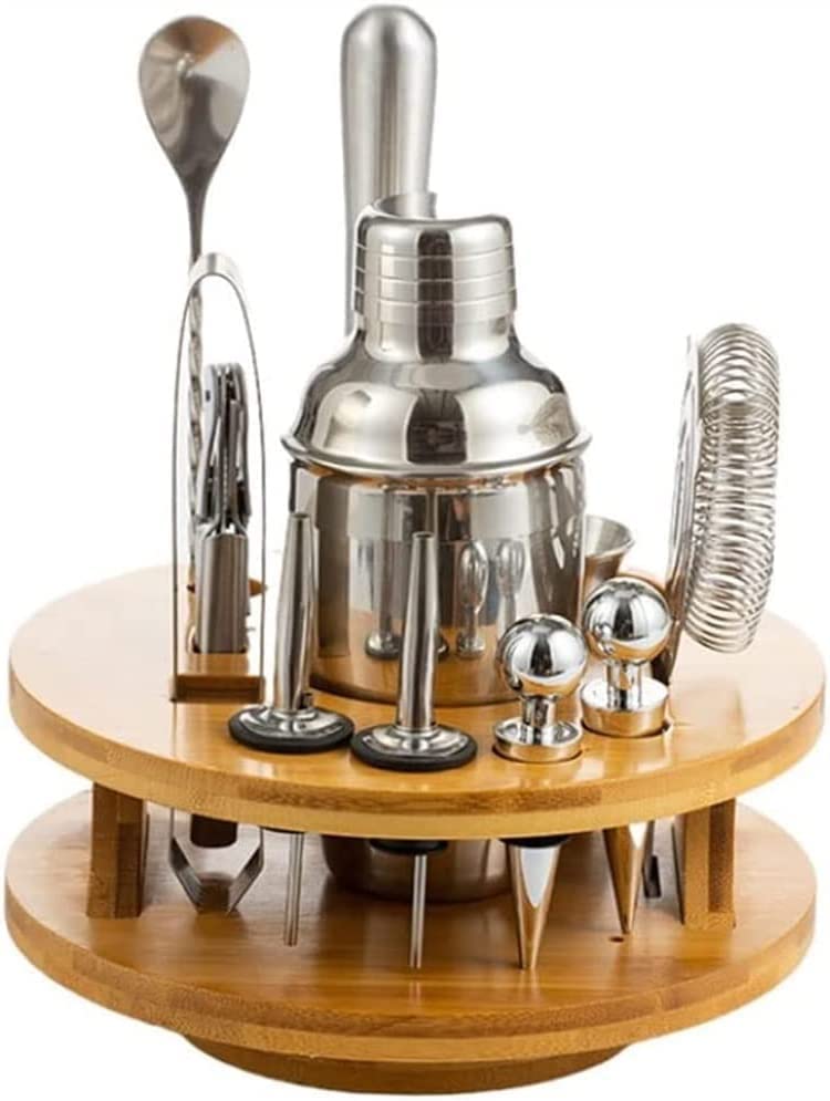 Kit de barman con coctelera de acero inoxidable de 12 piezas y elegante soporte de bambú