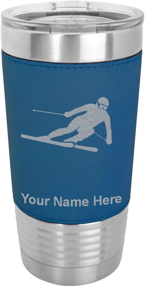 LaserGram 20oz Vacuum Insulated Tumbler Mug, Skier Downhill, Personalized Engraving Included (Faux Leather, Blue)