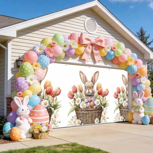 Easter Bunny Garage Door Cover 7 x 16 FT, Watercolor