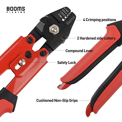 Booms Fishing Cp1 Fishing Crimping Pliers, High Carbon Steel Fishing Plier Wire Rope Leader Crimping Tool, 10 Inch Crimpers Swager With Ergonomic Handle, With 140Pcs Crimp Sleeves, Red #TOP4