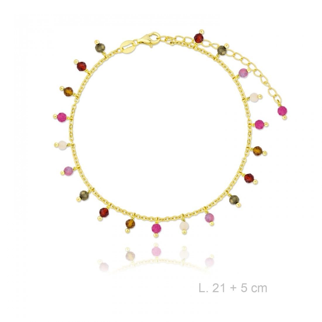 Cavigliera in argento sterling (925) placcato oro, 21 cm, con pietre pendenti di vari colori.