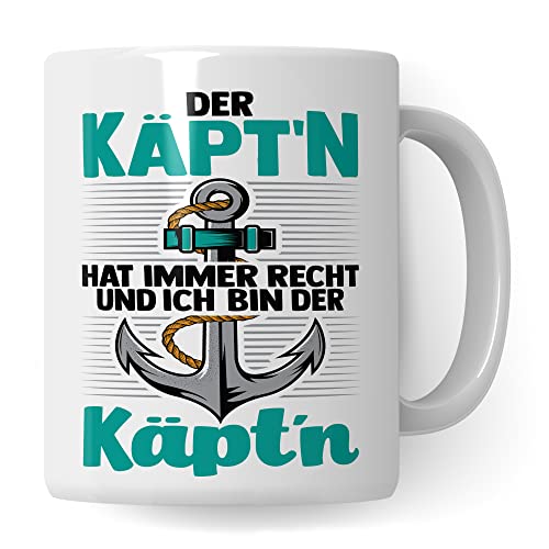 Kapit&auml;n Tasse, Der K&auml;pt&acute;n hat immer Recht und ich bin der K&auml;pt&acute;n Geschenk Kaffee-Becher Geschenkidee Bootliebhaber Kaffeetasse Bootbesitzer Tasse mit Spruch lustig Motiv (Wei&szlig;)