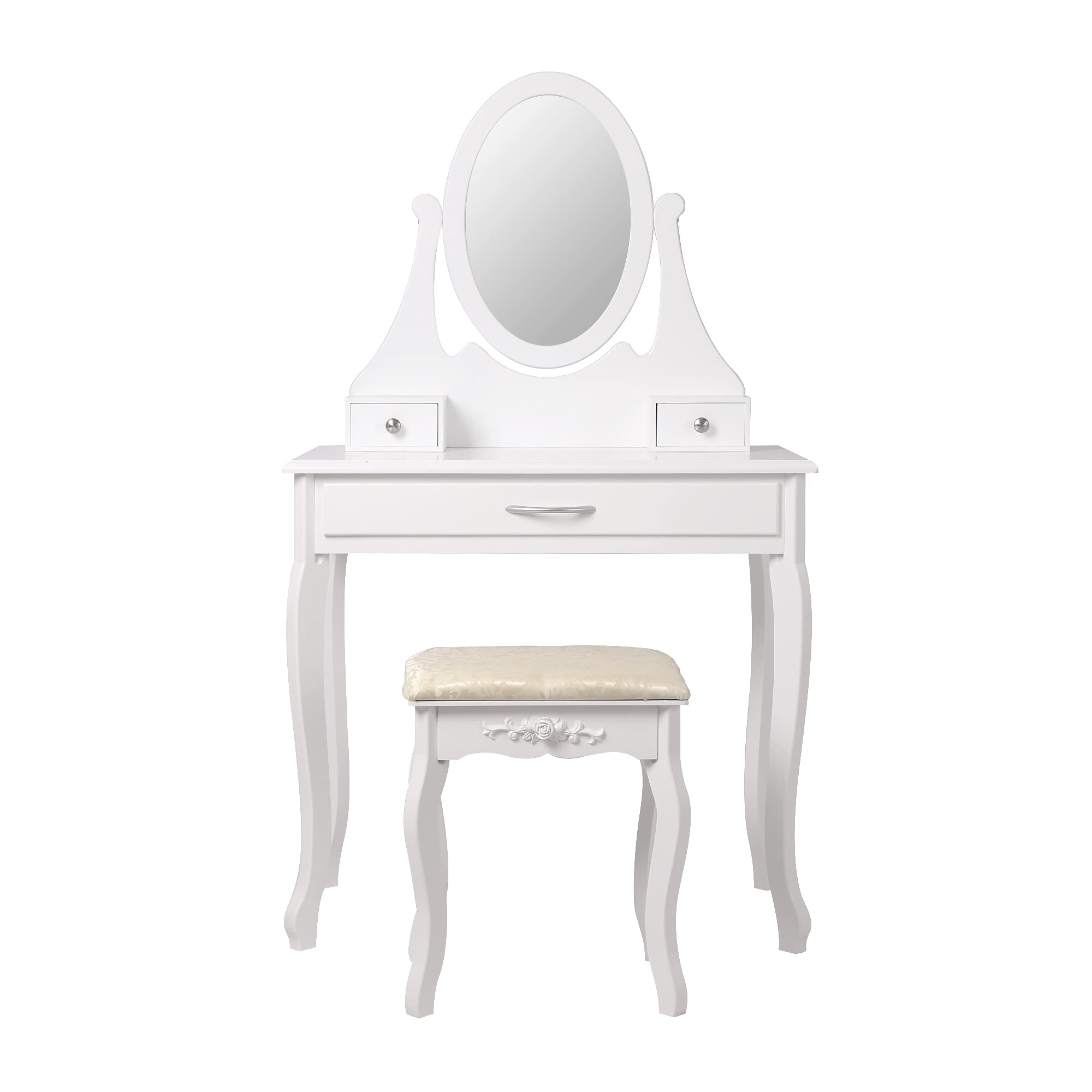 ML-Design Tavolo Cosmetico da Trucco Toletta Bianco con Sgabello Confortevole in Ecopelle con Specchio Ovale e 3 Cassetti 75 x 140 x 40 cm Tavolino Make-up per Signore e Ragazze in Legno MDF